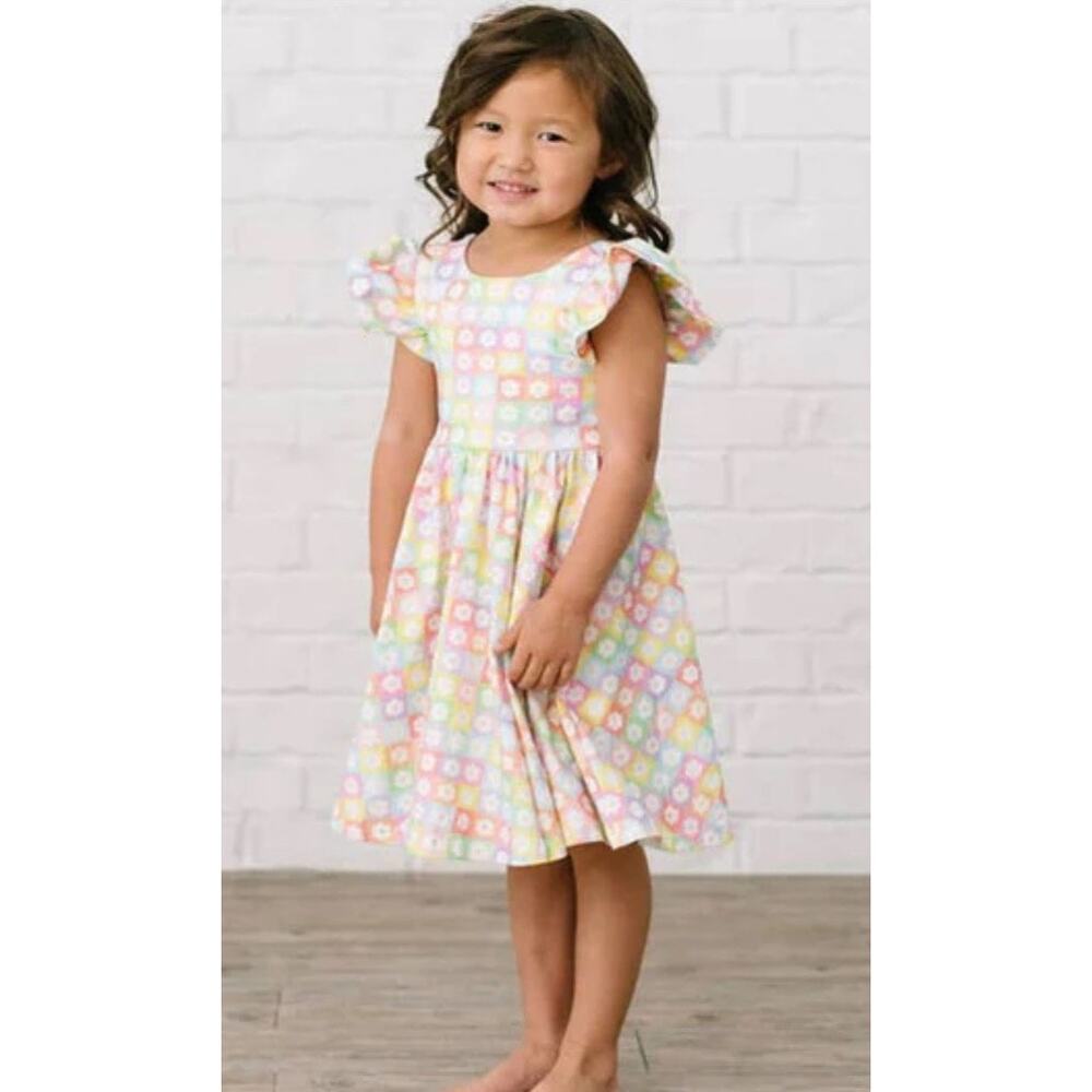 Ollie Jay Girls' Olivia Dress in Floral Blocks Frill Sleeve Age 7